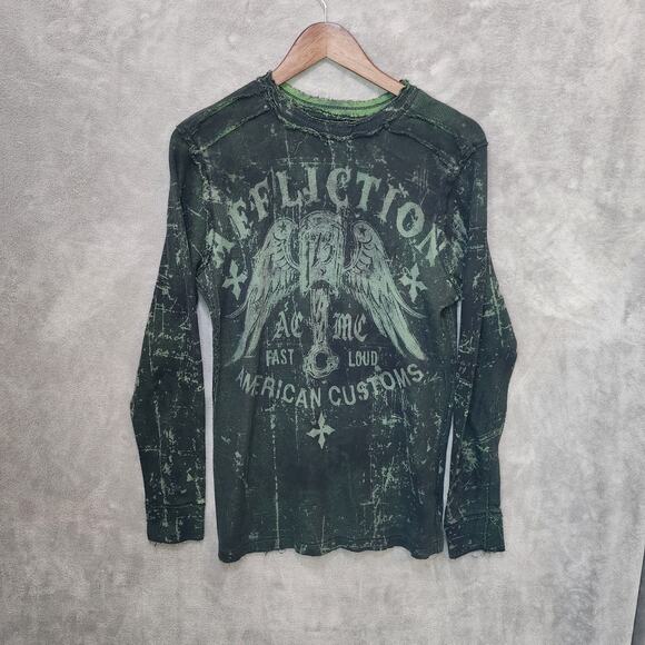 Affliction Men's Medium Reversible Graphic Long Sleeve Skull Shirt - Picture 1 of 9